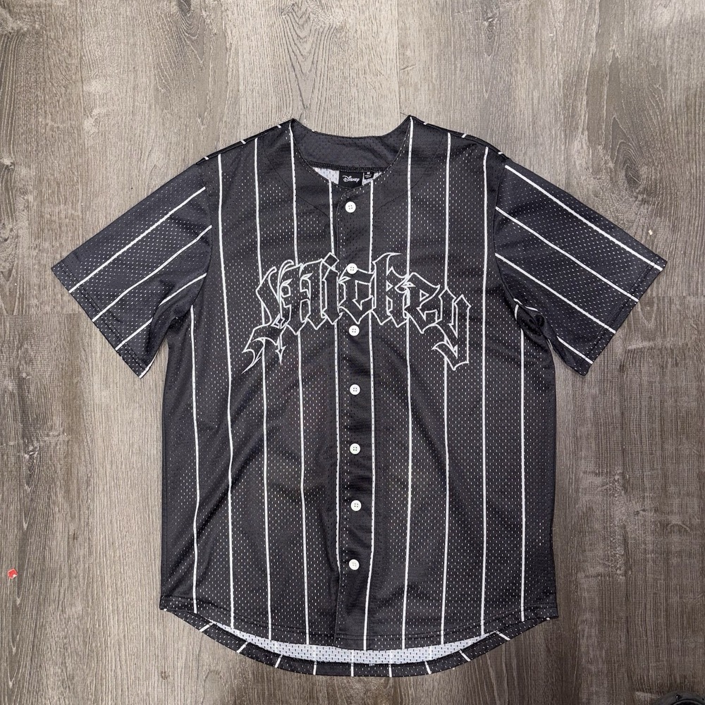 Disney Mickey Mouse Pinstripe Baseball Jersey Black Metallic Shirt Size Medium